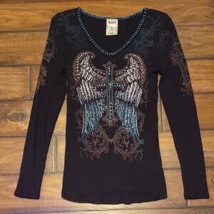 "Vocal"Black Long Sleeve Top with Embellished Wings. Size M.